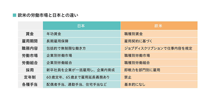 欧米の労働市場と日本との違い 賃金 日本 年功賃金 欧米 職種別賃金 雇用期間 日本 長期雇用保障 欧米 雇用契約に基づく 職務内容 日本 包括的で無制限な働き方 欧米 ジョブディスクリプションで仕事内容を規定 労働市場 日本 企業別労働市場 欧米 職種別労働市場 労働組合 日本 企業別労働組合 欧米 職種別労働組合 採用 日本 新卒社員を企業が一括雇用し、企業内育成 欧米 即戦力を部門別に雇用 定年制 日本 60歳定年、65歳まで雇用延長義務あり 欧米 禁止 各種手当 日本 配偶者手当、通勤手当、住宅手当など 欧米 基本的になし